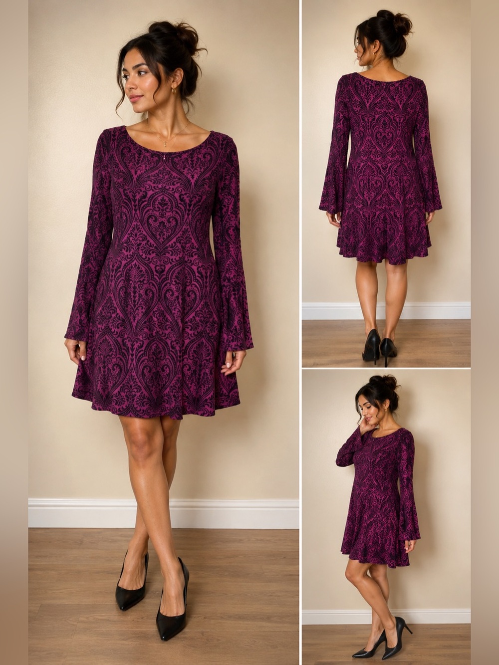 Floral Damask Long-Sleeve Swing Dress in Plum